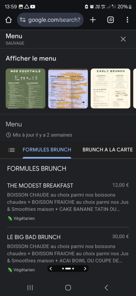 Screenshot sur mobile de la section menu d'un restaurant sur une fiche Google
